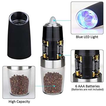 Electric gravity pepper grinder or salt grinder with adjustable thickness, automatic pepper grinder battery, with blue LED light, DLD one-hand operation, brushed stainless steel
