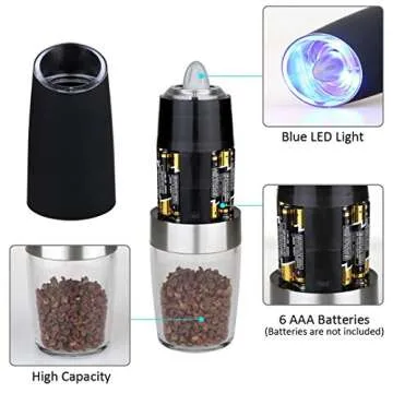 Electric gravity pepper grinder or salt grinder with adjustable thickness, automatic pepper grinder battery, with blue LED light, DLD one-hand operation, brushed stainless steel