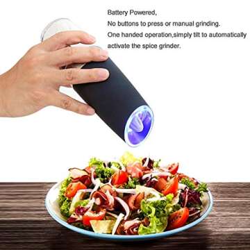 Electric gravity pepper grinder or salt grinder with adjustable thickness, automatic pepper grinder battery, with blue LED light, DLD one-hand operation, brushed stainless steel