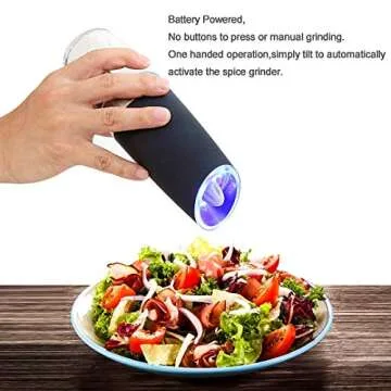 Electric gravity pepper grinder or salt grinder with adjustable thickness, automatic pepper grinder battery, with blue LED light, DLD one-hand operation, brushed stainless steel