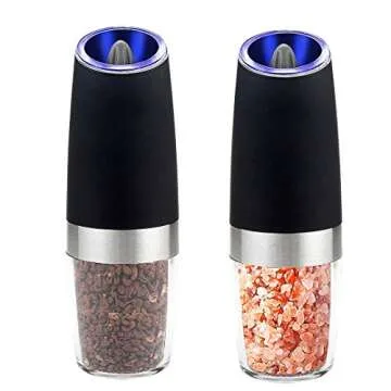 Electric gravity pepper grinder or salt grinder with adjustable thickness, automatic pepper grinder battery, with blue LED light, DLD one-hand operation, brushed stainless steel