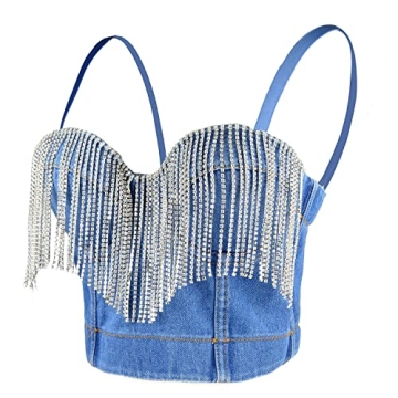 ELLACCI Rhinestone Denim Bustier Top for Parties