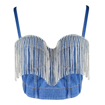 ELLACCI Rhinestone Denim Bustier Top for Parties