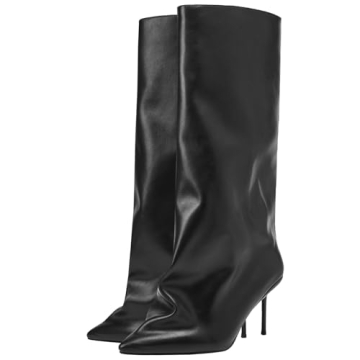 YIYA Women's Fine Quality Black Wide Calf Knee High Shark Boots with Pointed Toe Stiletto Heels