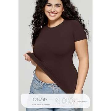 OEAK Womens T-Shirts Short Sleeve Shirts Crew Neck Basic Tees Soft Smoothing Seamless Tshirts Slim Fit Going Out Trendy Tops Cocoa XS Brown