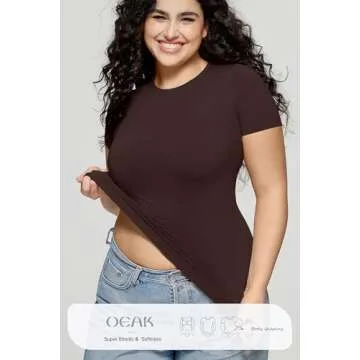 OEAK Womens T-Shirts Short Sleeve Shirts Crew Neck Basic Tees Soft Smoothing Seamless Tshirts Slim Fit Going Out Trendy Tops Cocoa XS Brown