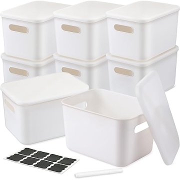BBTO 8 Pcs White Plastic Storage Bins with Lids - Organizing Container with Handles
