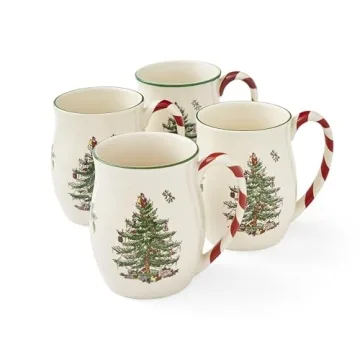 Spode Christmas Tree 14 oz Holiday Mugs - Festive Peppermint Set of 4 for Warm Drinks
