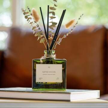 Craft & Kin Reed Diffuser with Dried Flowers | 5 oz Santal Woods Scented Reed Diffusers for Home, Bathroom | Scent Sticks | Elegant Fragrance Home Decor for Men & Women