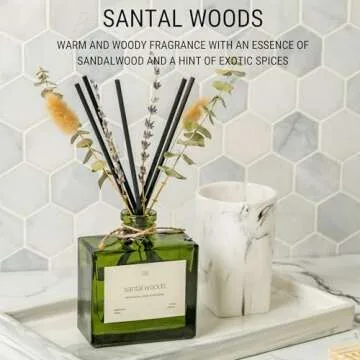 Craft & Kin Reed Diffuser with Dried Flowers | 5 oz Santal Woods Scented Reed Diffusers for Home, Bathroom | Scent Sticks | Elegant Fragrance Home Decor for Men & Women