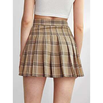 WDIRARA Women's Casual Plaid High Waist Pleated A-Line Uniform Mini Skirt Khaki S