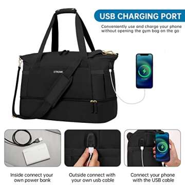Weekender Bag for Women, Travel with Shoe Compartment & USB Charging Port, Gym Bag Wet Compartment, Overnight Duffel Hospital for Sports Shopping School (Black).