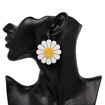 YOOE Acrylic Big Daisy Flower Dangle Earring. Exaggeration White Daisy Eardrop, Geometric Circle Semicircle Sun Flower Dangler Earring (Style 2)