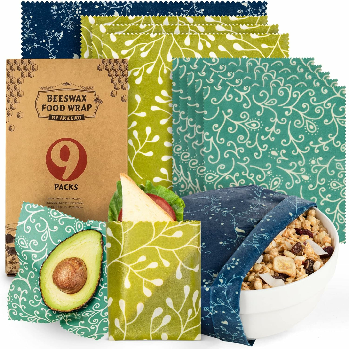 Reusable Beeswax Food Wraps - 9 Assorted Sizes
