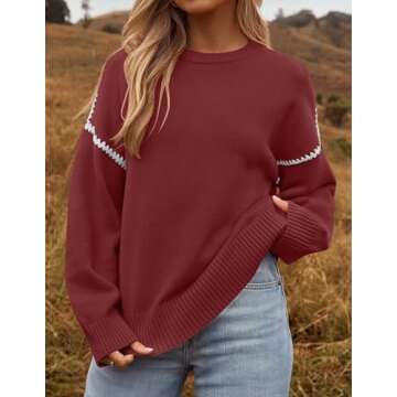 ZESICA Women's Fall Long Sleeve Oversized Sweaters Casual Crew Neck Loose Fit Ribbed Knit Color Bloc...