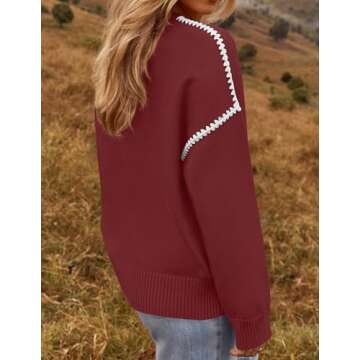 ZESICA Women's Fall Long Sleeve Oversized Sweaters Casual Crew Neck Loose Fit Ribbed Knit Color Block Soft Pullover Tops,DarkRed,X-Large