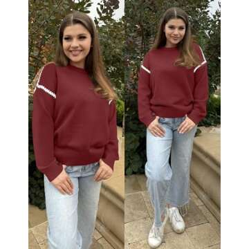 ZESICA Women's Fall Long Sleeve Oversized Sweaters Casual Crew Neck Loose Fit Ribbed Knit Color Block Soft Pullover Tops,DarkRed,X-Large
