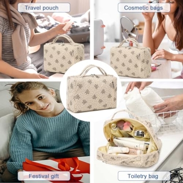 Bluboon Corduroy Floral Cosmetic Bag for Women and Girls