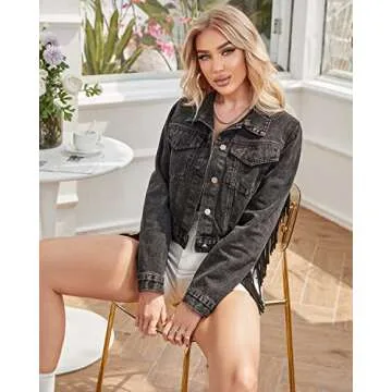 YILANUOYI Women Cropped Denim Jacket long sleeve distressed fringe jean coat (XS, S111 Black)