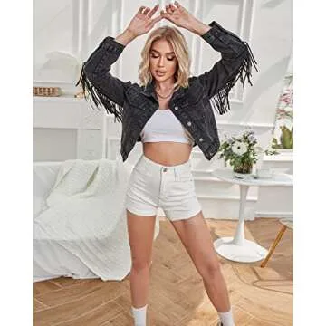 YILANUOYI Women Cropped Denim Jacket long sleeve distressed fringe jean coat (XS, S111 Black)