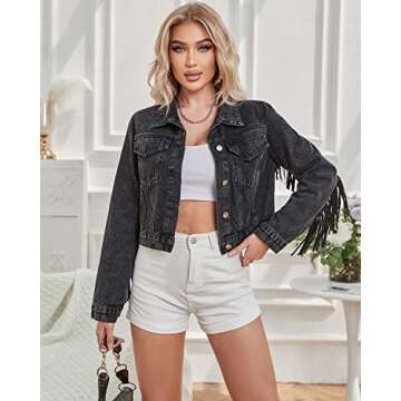YILANUOYI Women Cropped Denim Jacket long sleeve distressed fringe jean coat (XS, S111 Black)