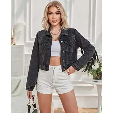 YILANUOYI Women Cropped Denim Jacket long sleeve distressed fringe jean coat (XS, S111 Black)