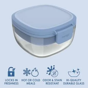 Bentgo Glass All-in-One Salad Container - Large 61-oz Salad Bowl with Lid, 4-Compartment Bento-Style Tray, 3-oz Sauce Container, and Reusable Fork - Dishwasher, Microwave, and Oven Safe (Light Blue)