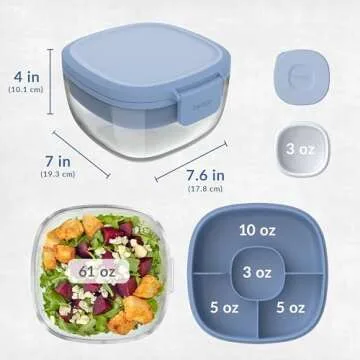 Bentgo Glass All-in-One Salad Container - Large 61-oz Salad Bowl with Lid, 4-Compartment Bento-Style Tray, 3-oz Sauce Container, and Reusable Fork - Dishwasher, Microwave, and Oven Safe (Light Blue)
