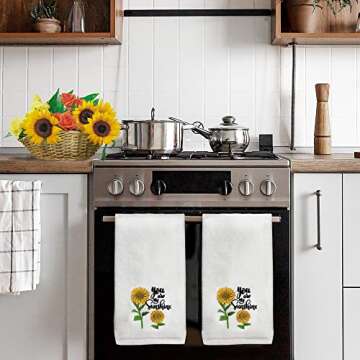 Hexagram Sunflower Hand Towels Set of 2-Embroidered Sunflower Kitchen Decor-100% Cotton Soft Luxury Decorative Hand Towel for Bathroom-Housewarming Gifts Sunflower Bathroom Towels 13.8 x 29.5 Inch