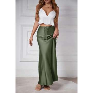 Skrtimory Womens Satin Silk Maxi Skirts Drawstring Flared Casual A-Line Long Skirt for Women Army Gr...