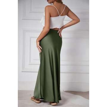 Skrtimory Womens Satin Silk Maxi Skirts Drawstring Flared Casual A-Line Long Skirt for Women Army Green