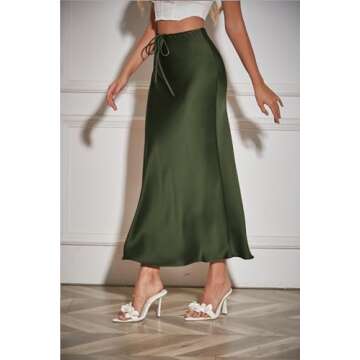 Skrtimory Womens Satin Silk Maxi Skirts Drawstring Flared Casual A-Line Long Skirt for Women Army Green