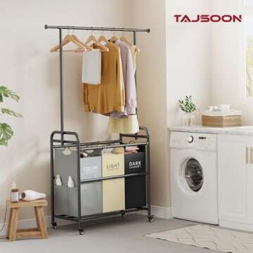 Tajsoon Laundry Sorter Cart with Hanging Clothes Rack, 3 Butler Sorter Basket Organizer, Laundry Ham...