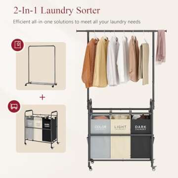 Tajsoon Laundry Sorter Cart with Hanging Clothes Rack, 3 Butler Sorter Basket Organizer, Laundry Hamper Cart with Heavy Duty Rolling Lockable Wheels, 3 Colors