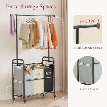 Tajsoon Laundry Sorter Cart with Hanging Clothes Rack, 3 Butler Sorter Basket Organizer, Laundry Hamper Cart with Heavy Duty Rolling Lockable Wheels, 3 Colors