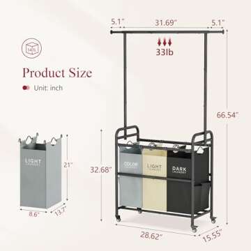 Tajsoon Laundry Sorter Cart with Hanging Clothes Rack, 3 Butler Sorter Basket Organizer, Laundry Hamper Cart with Heavy Duty Rolling Lockable Wheels, 3 Colors