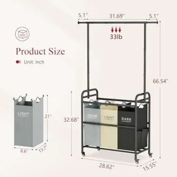 Tajsoon Laundry Sorter Cart with Hanging Clothes Rack, 3 Butler Sorter Basket Organizer, Laundry Hamper Cart with Heavy Duty Rolling Lockable Wheels, 3 Colors