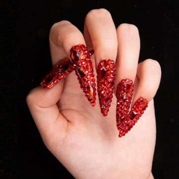 LOVFUL Press on Nails Flaming Sex Luxury Red Stiletto | Handmade with Full Covered Crystals | Reusable Fake Nails| Stiletto Mid Length 1.7 in | H39 (M)