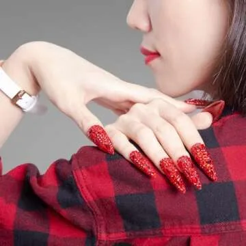 LOVFUL Press on Nails Flaming Sex Luxury Red Stiletto | Handmade with Full Covered Crystals | Reusable Fake Nails| Stiletto Mid Length 1.7 in | H39 (M)
