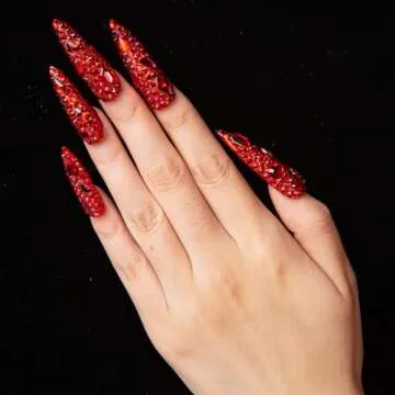 LOVFUL Press on Nails Flaming Sex Luxury Red Stiletto | Handmade with Full Covered Crystals | Reusable Fake Nails| Stiletto Mid Length 1.7 in | H39 (M)