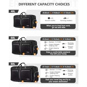 Gonex 150L Large Foldable Travel Duffle Bag with Shoes Compartment, Packable Lightweight Water Repellent Duffel Bag for Camping Gym Weekender Bag Black