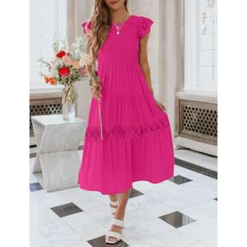 ZESICA Women's Casual Crew Neck Flutter Sleeve Smocked High Waist Hollow Out Lace Trim Tiered A Line Midi Dress,Rose,X-Large