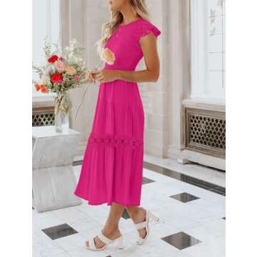 ZESICA Women's Casual Crew Neck Flutter Sleeve Smocked High Waist Hollow Out Lace Trim Tiered A Line Midi Dress,Rose,X-Large