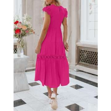 ZESICA Women's Casual Crew Neck Flutter Sleeve Smocked High Waist Hollow Out Lace Trim Tiered A Line Midi Dress,Rose,X-Large