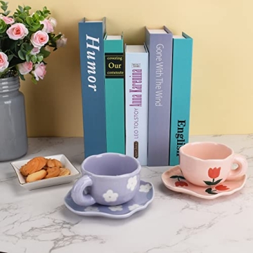 Koythin Ceramic Coffee Mug with Saucer Set, Cute Creative Cup Unique Irregular Saucer Design for Office and Home, 6 oz/180 ml for Latte Tea Milk (Purple Flower)