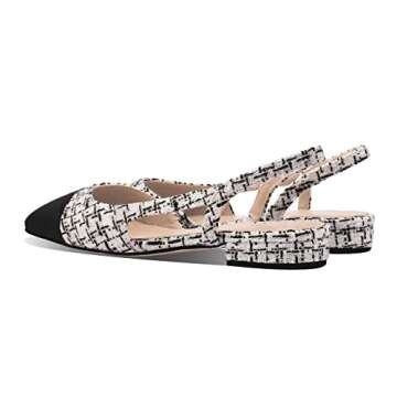 Adrizzlein Womens Slingback Flat Pumps Closed Round Toe Two Toned Casual Office Shoes White Black Thread Size 9