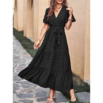 MASCOMODA Dresses for Women 2024 Short Flutter Sleeve Tiered Maxi Dress Swiss Dot Solid V Neck Weddi...
