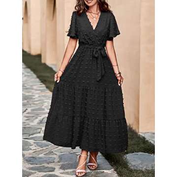 MASCOMODA Dresses for Women 2024 Short Flutter Sleeve Tiered Maxi Dress Swiss Dot Solid V Neck Wedding Guest Dress with Belt(Black,Small)