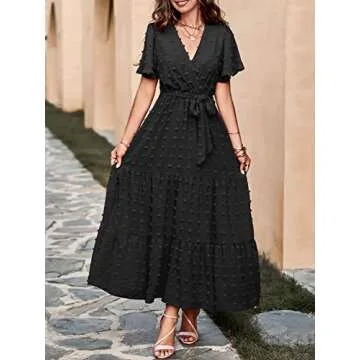 MASCOMODA Dresses for Women 2024 Short Flutter Sleeve Tiered Maxi Dress Swiss Dot Solid V Neck Wedding Guest Dress with Belt(Black,Small)