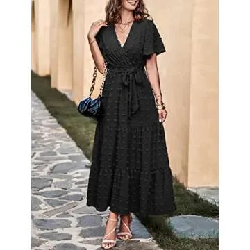 MASCOMODA Dresses for Women 2024 Short Flutter Sleeve Tiered Maxi Dress Swiss Dot Solid V Neck Wedding Guest Dress with Belt(Black,Small)